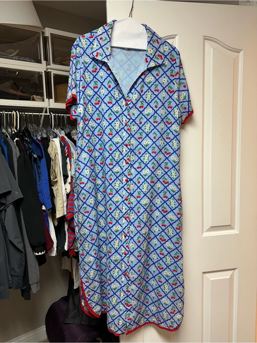 Light Blue Floral-Print Midi Shirt Dress with Red Trim